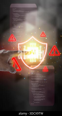 Artificial intelligence security. A shield containing an AI chip is surrounded by warning signs, suggesting potential threats and cybersecurity measur Stock Photo
