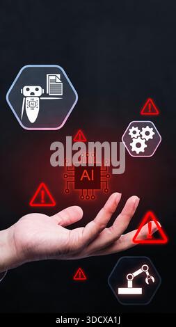 Conceptual digital art representation of artificial intelligence, robot and automation icons floating above an open hand, on dark background Stock Photo