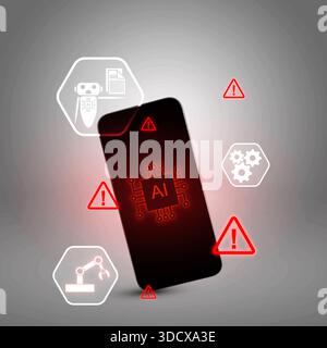 Cellphone with a glowing AI chip icon and warning signs, symbolizing potential errors or risks in artificial intelligence and technology Stock Photo