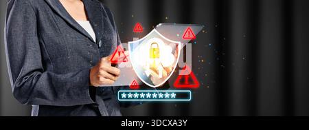 Businesswoman holding a tablet with a secure cloud storage graphic, highlighting data protection and cybersecurity. Security threats and a password ar Stock Photo