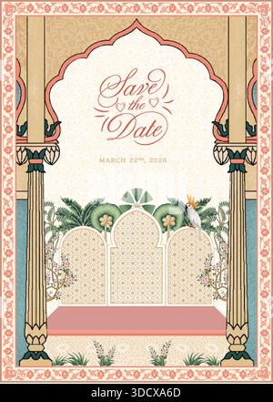 Elegant Mughal Save the Date Wedding Invitation Design Stock Vector