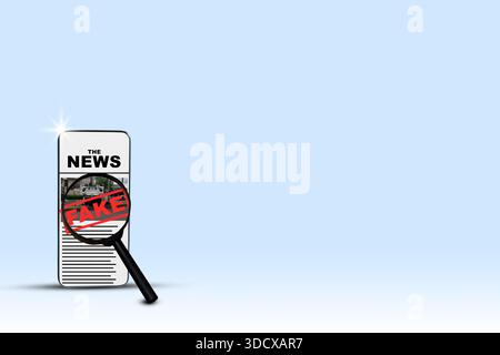 Smartphone displaying "The News" with an image obscured by a magnifying glass highlighting the word "Fake" in red. This represents the concept of misi Stock Photo
