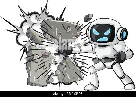 Futuristic cartoon robot smashes concrete wall, dynamic pose, bold lines, vibrant digital colors Stock Vector