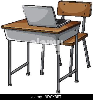 Clean vector of classroom desk and chair with open laptop, simple shading, white background Stock Vector
