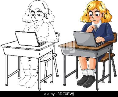 Cartoon schoolgirl using laptop at desk, colored and outline versions, clean vector illustration Stock Vector