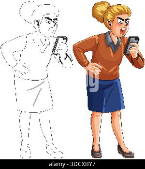 Cartoon businesswoman angrily shouting at smartphone, colored and outline versions, clean white background Stock Vector