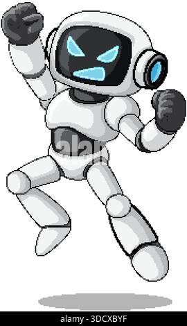 White cartoon robot jumps with clenched fists, expressive face, bold outlines, simple background Stock Vector