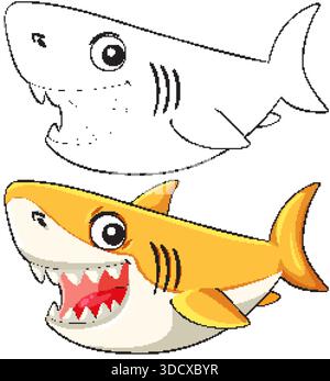 Smiling cartoon shark in colored and black-and-white outline, bold lines, playful vector style Stock Vector