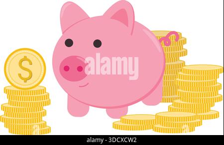 Piggy bank surrounded by stacks of gold coins. Savings, preservation, and growth of funds concept. Vector graphics Stock Vector