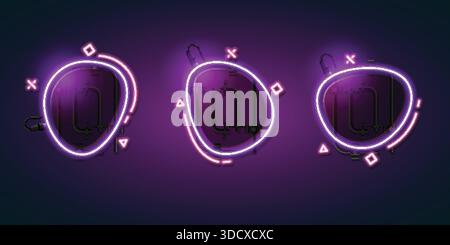 A set of three glowing purple neon abstract frames with geometric elements on a dark background. Ideal for futuristic signage and digital design. Stock Vector