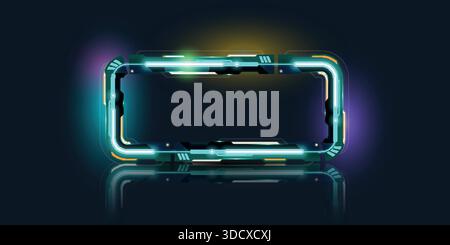 Abstract futuristic rectangular border with glowing cyan neon lights and tech elements on a dark reflective background for sci-fi UI design. Stock Vector