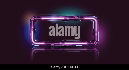 Glowing purple neon HUD frame with futuristic digital interface elements on a dark reflective background. Perfect for sci-fi and gaming UI design. Stock Vector