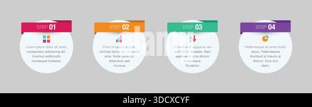 Clean 4 step infographic template with colorful labels and icons, ideal for business process, workflow, presentation, marketing, and timeline design. Stock Vector