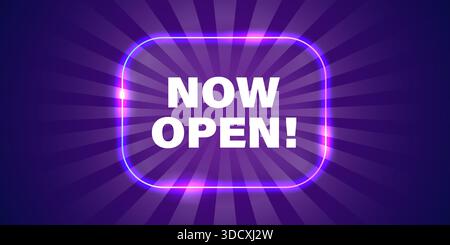 Neon now open sign icon in flat style. Signboard vector illustration on isolated background. Welcome banner sign business concept. Stock Vector