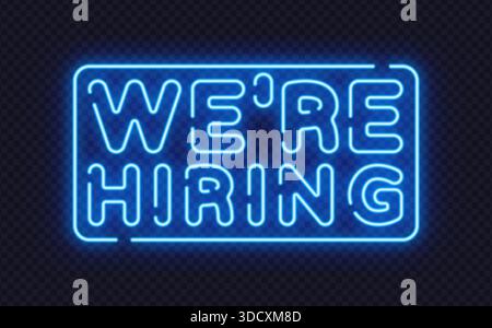 Blue neon were hiring sign in clean vector style, ideal for recruitment campaigns and office visuals. Bright glow draws attention instantly. Stock Vector