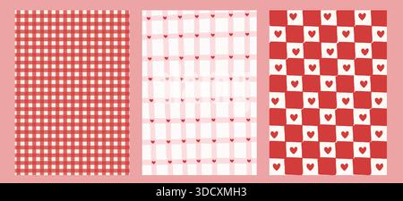 Retro whimsical pattern backgrounds with gingham checks and hearts. Charming hand drawn textures for Valentine packaging, cozy stationery Stock Vector