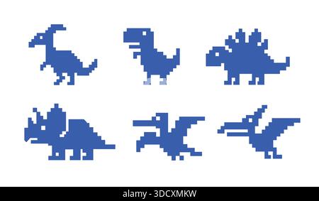Dinosaur pixel game icon offline error. Cartoon dinosaur pixel icon art. Stock Vector