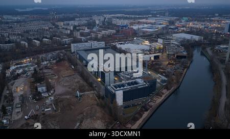 Berlin, city state of Berlin, Germany, December, 13, 2025: Aerial drone video at sunset dusk of a large scale data center in Berlin, capturing high-pe Stock Photo