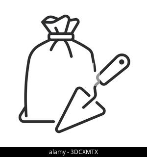 Plastering tools icon illustrating trowel and material bag for wall finishing, construction and renovation tasks. Editable stroke vector icon. Stock Vector