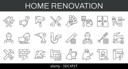 Home renovation icons set for construction, repair, tools, materials, maintenance, and interior improvement. Professional editable stroke icons for Stock Vector