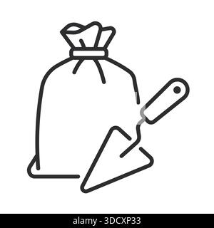 Plastering tools icon illustrating trowel and material bag for wall finishing, construction and renovation tasks. Editable stroke vector icon. Stock Vector