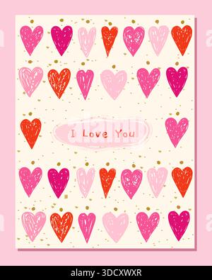 Cute Valentine's Day vector love greeting card with hand drawn pink and red doodle hearts with gold dots for wedding designs, sale banners Stock Vector