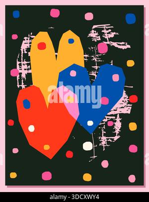 Modern vector geometric greeting card with heart shapes in red, yellow and blue, poster with hearts and dots Stock Vector