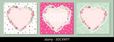 Cute vector set with floral frame cards with hearts and flowers in pink and mint green colors for wedding invitations, greeting cards Stock Vector