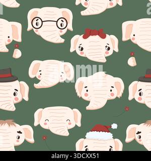 Seamless pattern a set of cute white cartoon elephants on green background. Some elephants decorated with bows hats glasses and flowers. Vector Stock Vector