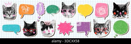 Cat halftone collage vector faces and speech bubbles set, Funny animal heads with empty text balloons Stock Vector