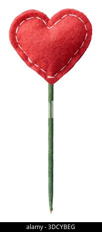 stuffed red felt heart on green stick isolated white background, fuzzy fabric texture with visible white stitching, for Valentine's Day crafts Stock Photo