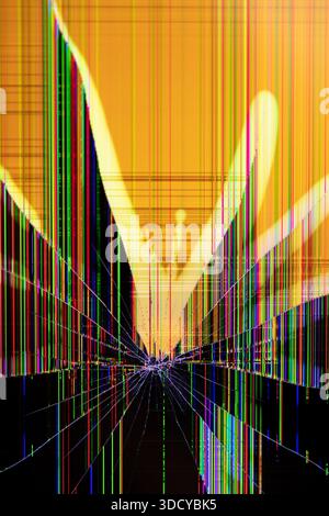 Close-up of a severely damaged digital screen with vibrant pixel lines and radiating cracks from impact, symbolizing display failure, data corruption, Stock Photo