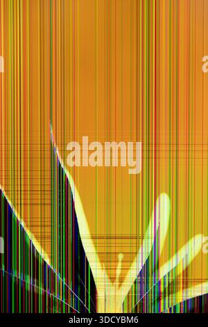 Detailed view of a cracked and damaged electronic display, showing intricate patterns of bright multicolored pixel lines, perfect for glitch art, tech Stock Photo