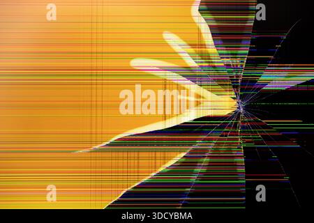 Abstract close-up of a broken mobile device screen with bright multicolored horizontal and vertical lines, illustrating technological malfunction and Stock Photo