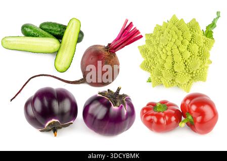 A vibrant collection of fresh vegetables including romanesco, beets, and eggplants on a white backdrop. Stock Photo