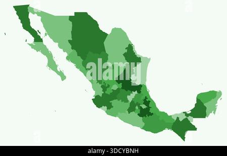 Map of Mexico with regions. Just a simple country border map with region division. Green color palette. Stock Vector