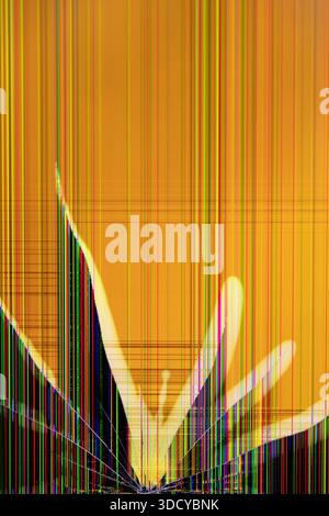 Top-down view of a damaged digital display screen showing colorful glitch lines and a starburst crack pattern, illustrating device failure or technica Stock Photo