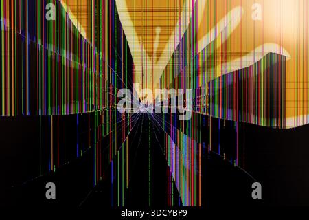 Close-up of a severely damaged LCD screen displaying shattered glass and vibrant pixel lines, illustrating system failure, technology problem, or abst Stock Photo