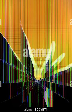 Close-up of a shattered display with colorful pixel lines and radiating cracks, emphasizing electronic damage, repair service, and technology malfunct Stock Photo