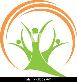 Three people, humans and sun, family, team logo, icon Stock Vector