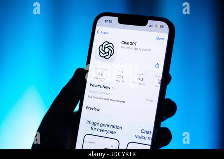 Kaliningrad, Russia - 12.11.2025. Smartphone screen in woman hands displaying logotype of popular AI application Chat GPT. Chatbot, prompts, generatin Stock Photo