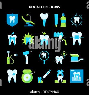 Stomatology and orthodontics icon set in flat style. Teeth care and dental treatment symbols on dark background. Vector illustration. Stock Vector