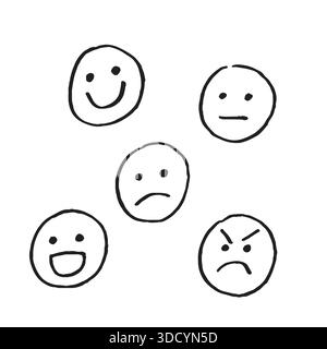 Hand drawn smiley faces doodles. Happy, sad and angry faces scribbles set. Stock Vector