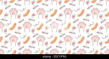 Seamless pattern with cat pink paws, sausages, and hearts. Cute design for pet lovers. Stock Vector