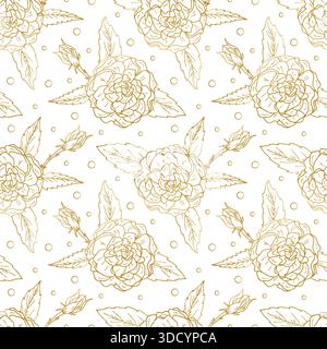 Golden outline rose flower with a seamless pattern of leaves and dots. Elegant floral silhouette print. Luxurious floral background for wedding Stock Vector