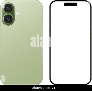 Latest realistic mobile phone device mockup for social media advertisement and product showcase. Green color smartphone blank display template in fron Stock Vector