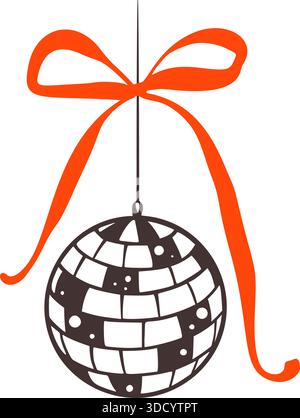 Hand drawn doodle crayon disco ball with whimsical coquette red bow ribbon. Bachelorette bridal party, feminine birthday crayon design element. Mirror Stock Vector