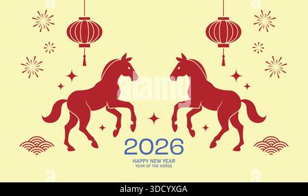 Two symmetrical horses rearing cny 2026 banner. Chinese new year of the