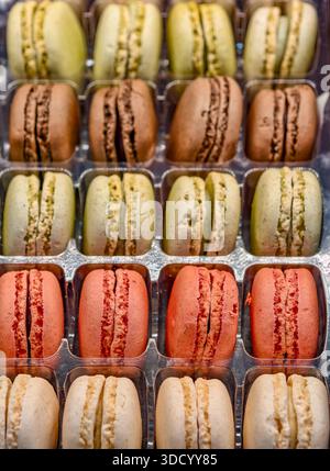 Colorful French Macarons Assorted Flavors in Retail Display Box Bakery Products Sweet Background Vertical Wallpaper Aesthetic Stock Photo