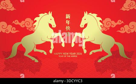 Zodiac horses pair on red background with clouds and flowers pattern. Chinese new year of the horse 2026 background with couple of horses. Stock Vector